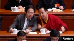 资料图片－2015年3月11日，坚赞诺布（右），中国政府指定的第十一世班禅喇嘛参加两会。