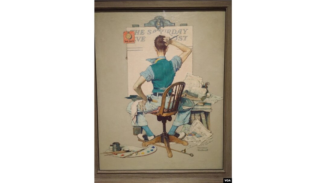 In this 1938 self-portrait called Deadline (Artist Facing Blank Canvas), Norman Rockwell painted himself trying to think of ideas for a cover illustration. (J.Taboh/VOA)