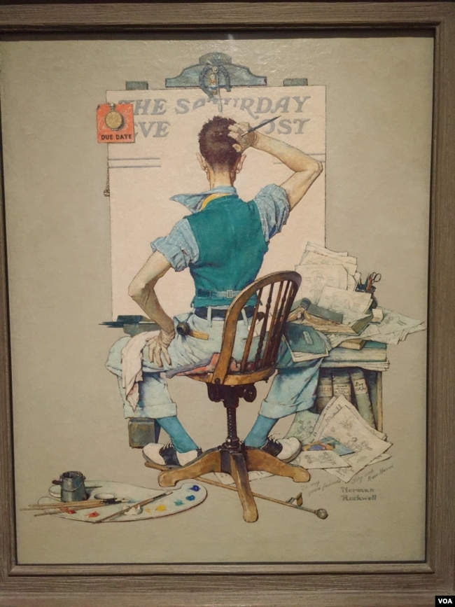 In this 1938 self-portrait called Deadline (Artist Facing Blank Canvas), Norman Rockwell painted himself trying to think of ideas for a cover illustration. (J.Taboh/VOA)