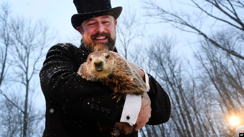 FILE - Groundhog Club handler A.J. Dereume holds Punxsutawney Phil, the weather predicting groundhog, during the 135th celebration of Groundhog Day on Gobbler's Knob in Punxsutawney, Pennsylvania Feb. 2, 2021. (AP Photo/Barry Reeger)