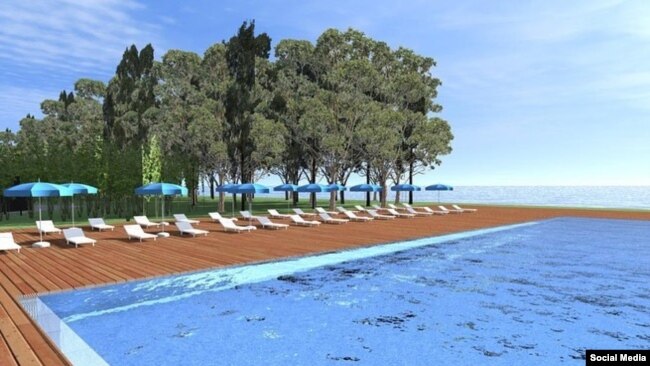 ტამიშში "ბიბლიო გლობუსის" მშენებარე კომპლექსის მაკეტი ზღვის ხედით