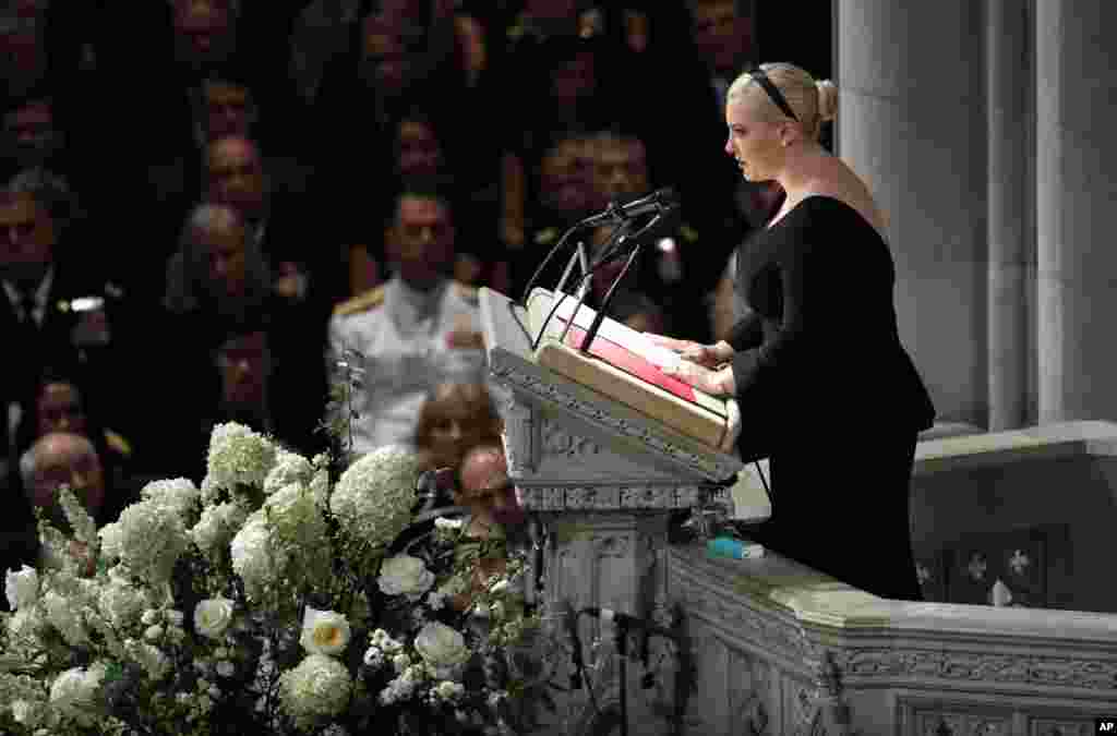 Meghan McCain speaks at a memorial service for her father Sen. John McCain at National Cathedral in Washington, Sept. 1, 2018.