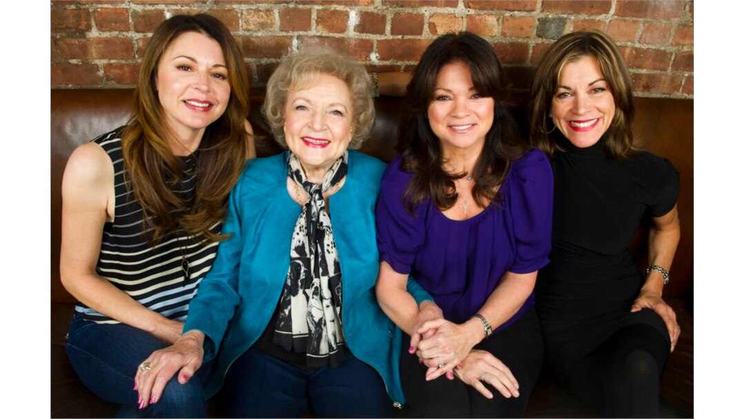FILE - "Hot in Cleveland" co-stars, from left, Jane Leeves, Betty White, Valerie Bertinelli and Wendie Malick are pictured in New York, Nov. 27, 2012.