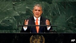 El presidente colombiano Iván Duque da su discurso en la Asamblea General de la ONU. Septiembre 26, 2018.