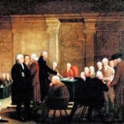 An 18th century painting called "Congress Voting the Declaration of Independence"