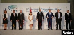 Group photo during a G-7 for foreign ministers meeting in Lucca, Italy, April 11, 2017.