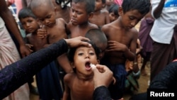 A Rohingya refugee child gets an oral cholera vaccine