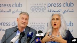 Marc and Debra Tice, the parents of Austin Tice, who is missing in Syria for nearly five years, speak during a press conference, at the Press Club, in Beirut, Lebanon, Thursday, July 20, 2017.