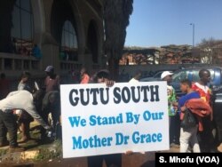 ZANU-PF supporters carry a placard showing support for Zimbabwe's first lady Grace Mugabe.