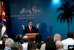 Cuba's Minister of Foreign Affairs Bruno Rodriguez Parrilla speaks during a press conference in Havana, Cuba, Feb. 19, 2019. Rodriguez warned on Tuesday that the United States is preparing a military intervention in Venezuela under the pretext of a humanitarian crisis.