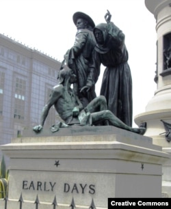 Detail of Pioneer Monument in San Francisco, California, dedicated in 1894. Native Americans see it as a symbol of the forced conversion and assimilation of Southwestern tribes by Spain and the Catholic Church beginning in the 16th century.