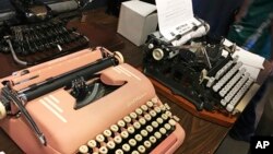 Vintage typewriters are on display at a "type-in" in Albuquerque, N.M., April 23, 2017. "Type-ins" are social gatherings in public places where typewriter fans test different vintage machines.