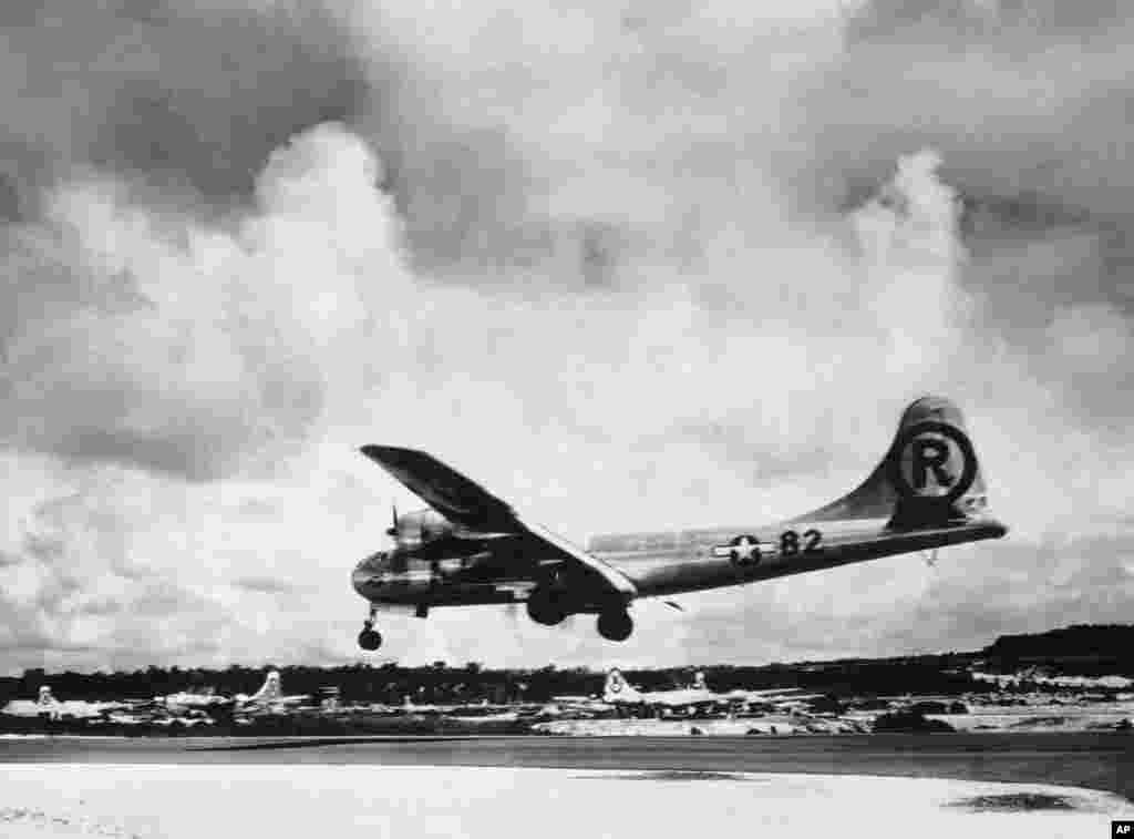 In this Aug. 6, 1945 file photo, the &quot;Enola Gay&quot; Boeing B-29 Superfortress lands at Tinian, Northern Mariana Islands after the U.S. atomic bombing mission against the Japanese city of Hiroshima.