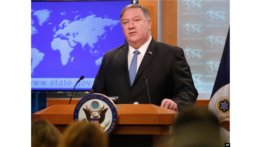 Secretary of State Mike Pompeo speaks during a news conference at the State Department in Washington, April 17, 2019.