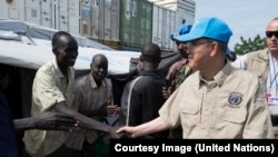 United Nations Secretary General Ban Ki-moon meets some of the thousands of displaced persons sheltering at a U.N. compound in Juba during a visit to South Sudan on May 6, 2014.