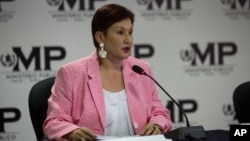 FILE - Guatemala's Attorney General Thelma Aldana speaks during a joint news conference with the commissioner of the United Nations International Commission Against Impunity, CICIG, in Guatemala City, April 19, 2018.