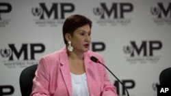 FILE - Guatemala's Attorney General Thelma Aldana speaks during a joint news conference with the commissioner of the United Nations International Commission Against Impunity, CICIG, in Guatemala City, April 19, 2018.