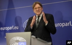Brexit-coordinator Guy Verhofstadt speaks during a media conference at the European Parliament in Brussels, March 29, 2017.