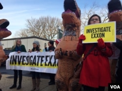 Protesters led by Greenpeace protest the Tillerson confirmation hearing on Capitol Hill, January 11, 2017 (K. Gypson / VOA)