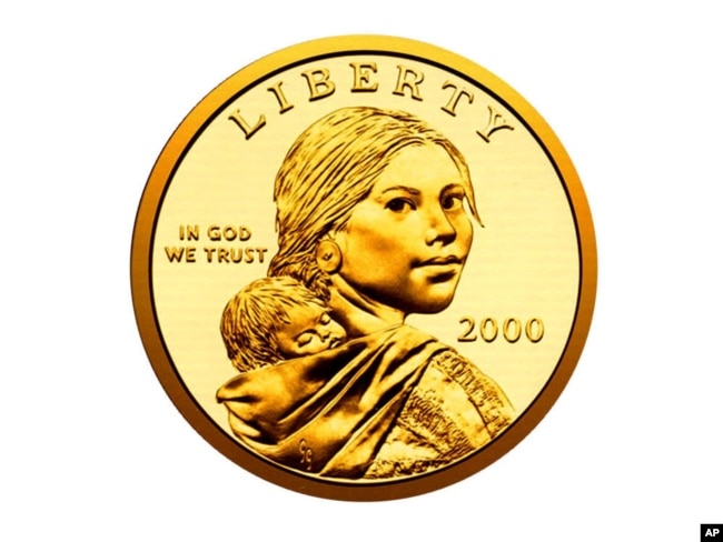 The Sacagawea dollar coin, first minted in the U.S. in 2000.