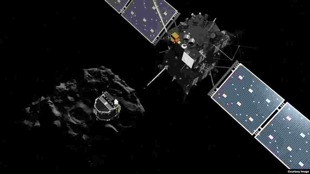 Artist impression showing Philae separating from Rosetta and descending to the surface of comet 67P/Churyumov-Gerasimenko. (Courtesy: European Space Agency)