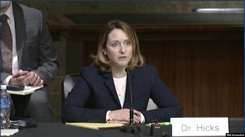 国防部副部长提名人选希克斯（Kathleen Hicks）2021年2月2日出席参议院军事委员会有关她的人事提名确认听证会。(photo:VOA)