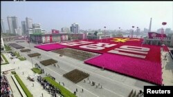 FILE - A view of a military parade marking the 105th "Day of the Sun," the birth anniversary of the state's founder Kim Il Sung, in Pyongyang, North Korea, in this still image taken from video released by North Korea's state-run television KRT, April 15, 2017.