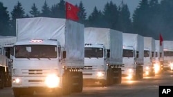 2014年8月12日280輛俄羅斯卡車載著援助物資前往東烏克蘭途中。（視頻截圖）