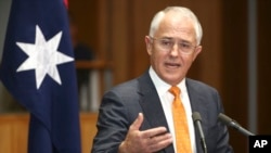 PM Malcolm Turnbull berbicaa kepada media pada konferensi pers di Parliament House. Canberra, Australia.