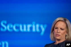 Secretary of Homeland Security Kirstjen Nielsen speaks to George Washington University's Center for Cyber and Homeland Security, in Washington, Sept. 5, 2018.