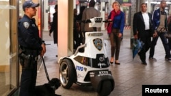 Cảnh sát New York cùng với một chú quân khuyển kiểm tra một trạm xe điện ngầm ở New York. 25/9/14