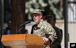 U.S. Army Gen. Austin Miller speaks during the change of command ceremony at Resolute Support headquarters in Kabul, Afghanistan, Sept. 2, 2018.