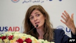 Samantha Power, Maotambwisi Agence américaine ya molongo mpo na ntombw (USAID), na Khartoum, Soudan.3 août 2021. (Photo by ASHRAF SHAZLY / AFP)