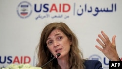 Samantha Power, Administrator of the United States Agency for International Development (USAID), speaks at a hotel in Sudan's capital Khartoum on August 3, 2021. 