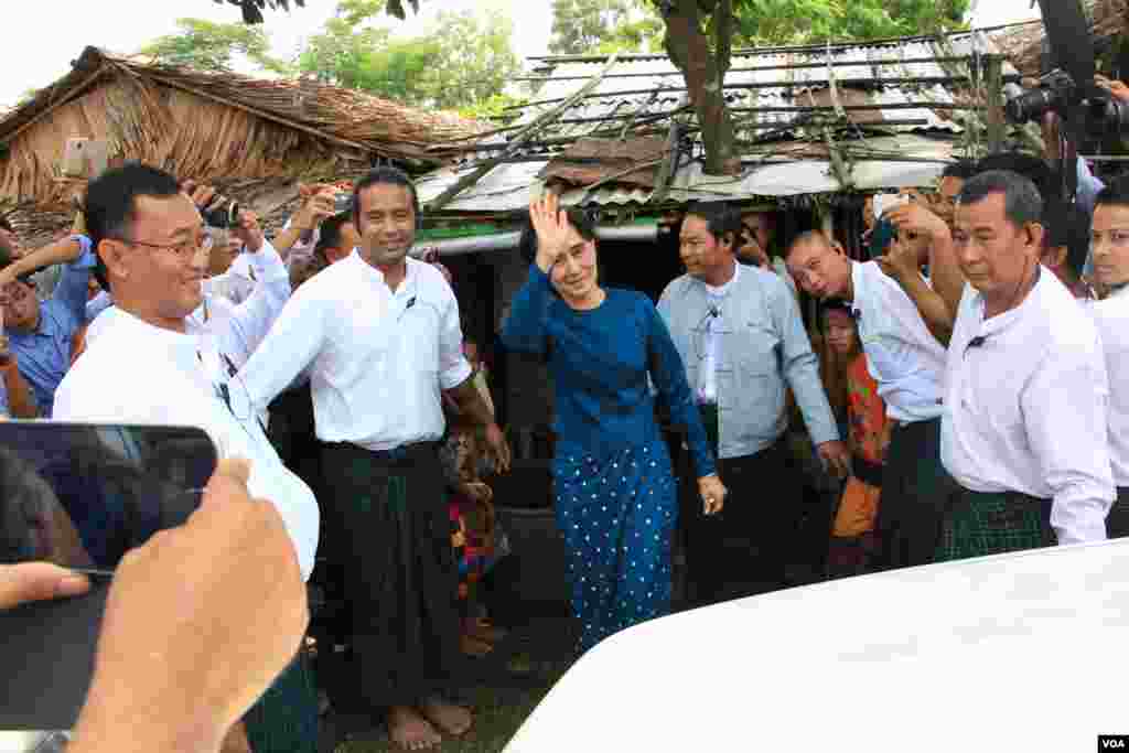 Daw Aung San Suu Kyi and Hollywood atress Angelina Jolie Pitt, United Nations High Commissioner for Refugees special envoy and co-founder of the Preventing Sexual Violence Initiative,visits Yangon, Hlaing Tharyar industrial area to study female workers a