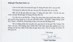 Thư ông Trịnh Vĩnh Bình gửi cho Vụ trưởng Bạch Quốc An, Bộ Tư pháp Việt Nam, vào ngày 6/9/2021 về việc bồi thường tài sản.