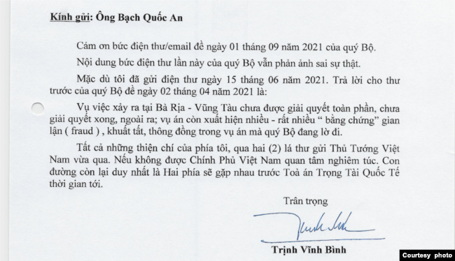 Thư ông Trịnh Vĩnh Bình gửi cho Vụ trưởng Bạch Quốc An, Bộ Tư pháp Việt Nam, vào ngày 6/9/2021 về việc bồi thường tài sản.