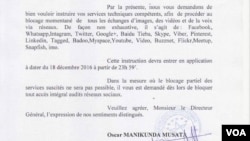 Lettre de l’Autorité de régulation de la poste et des télécommunications du Congo (ARPTC) enjoignant les entreprises fournissant le service de téléphone et d’Internet de filtrer ou carrément bloquer toutes communications à travers les réseaux sociaux. 14