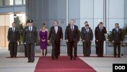 Secretary of Defense Ash Carter (C-L) observes an honor guard with Israeli Defense Minister Avigdor Lieberman in Tel Aviv, Israel, Dec. 12, 2016. (DOD photo by U.S. Air Force Tech. Sgt. Brigitte N. Brantley)