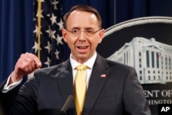 Deputy Attorney General Rod Rosenstein announces that a grand jury has charged 13 Russian nationals and several Russian entities, Feb. 16, 2018, in Washington.