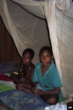 Two boys sit under a net in Patigo, Papua New Guinea in this file photo. While indoor spraying and insecticide treated bed nets have been important tools for malaria control, mosquitos are becoming resistant to such measures.