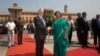 Indian Defense Minister Nirmala Sitharaman, center right, shakes hands with U.S. Defense Secretary Jim Mattis center, upon his arrival at the Defense Ministry office, in New Delhi, India, Tuesday, Sept. 26, 2017.