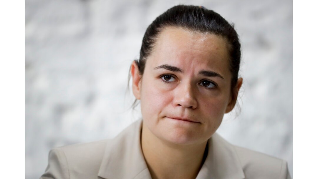 Sviatlana Tsikhanouskaya, candidate for the presidential elections, attends a news conference after the Belarusian presidential election in Minsk, Belarus, Monday, Aug. 10, 2020.