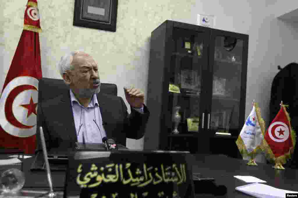 Rached Ghannouchi, head of Tunisia's Ennahda movement, speaks during an interview with Reuters in Tunis, Tunisia, Feb. 12, 2013.