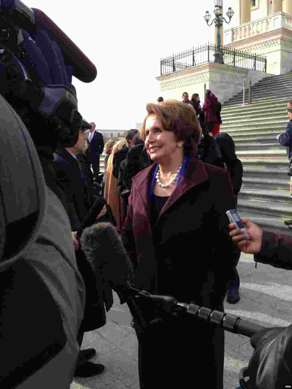 Minority Leader of the House of Representatives Nancy Pelosi speaks to reporters outside the Capitol, January 3, 2013.