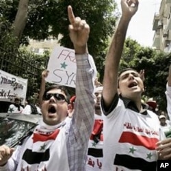 Des manifestants dénonçant les exactions en Syrie devant l'ambassade syrienne au Caire