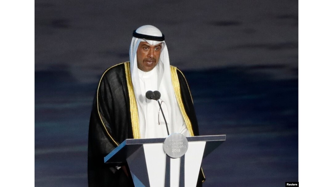 Sheikh Ahmad Al Fahad Al Sabah, presiden Olympic Council of Asia, memberikan sambutan pada upacara pembukaan Asian Games 2018 di Stadion Utama GBK, Jakarta, 18 Agustus 2018.