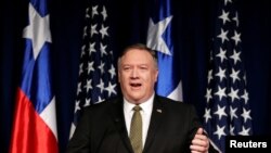 FILE - U.S. Secretary of State Mike Pompeo delivers a speech during his visit to Santiago, Chile, April 12, 2019.