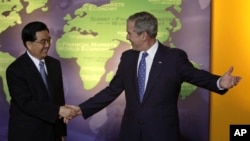 美国总统小布什与中国国家主席胡锦涛在华盛顿会面。(2008年11月15日)