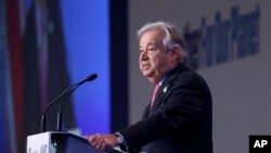 UN Secretary-General Antonio Guterres delivers a speech during the opening ceremony of the UN Climate Change Conference COP26 in Glasgow, Scotland, Nov. 1, 2021.
